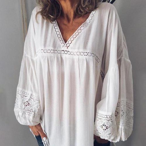 Hot sale V-neck casual style lace stitching lantern sleeve loose shirt