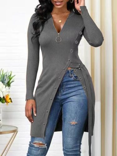 Women's V-Neck Long Sleeve High Slit Thread Zip T-Shirt Casual Top