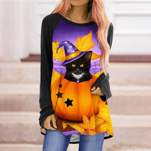 Round Neck Witch Cat Pumpkin Tunic