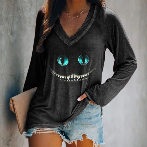 Casual Smiley Cat Print Long Sleeve T-Shirt