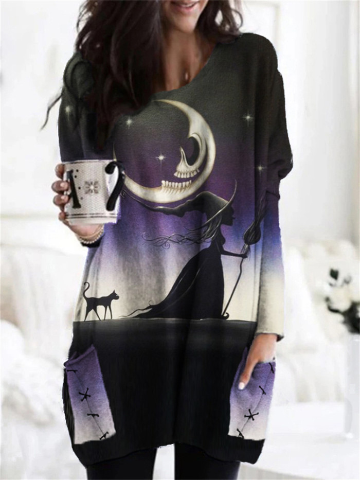 Halloween Spooky Night Witch Patch Pocket Tunic