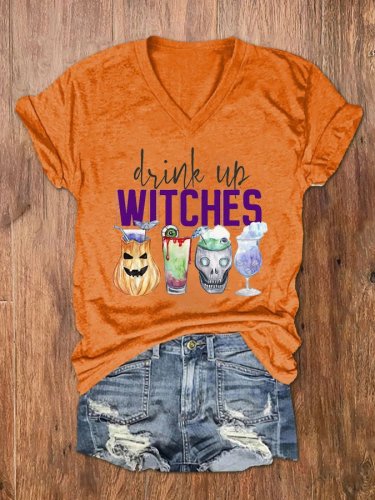 Women's Drink Up Witches Print V-Neck T-Shirt