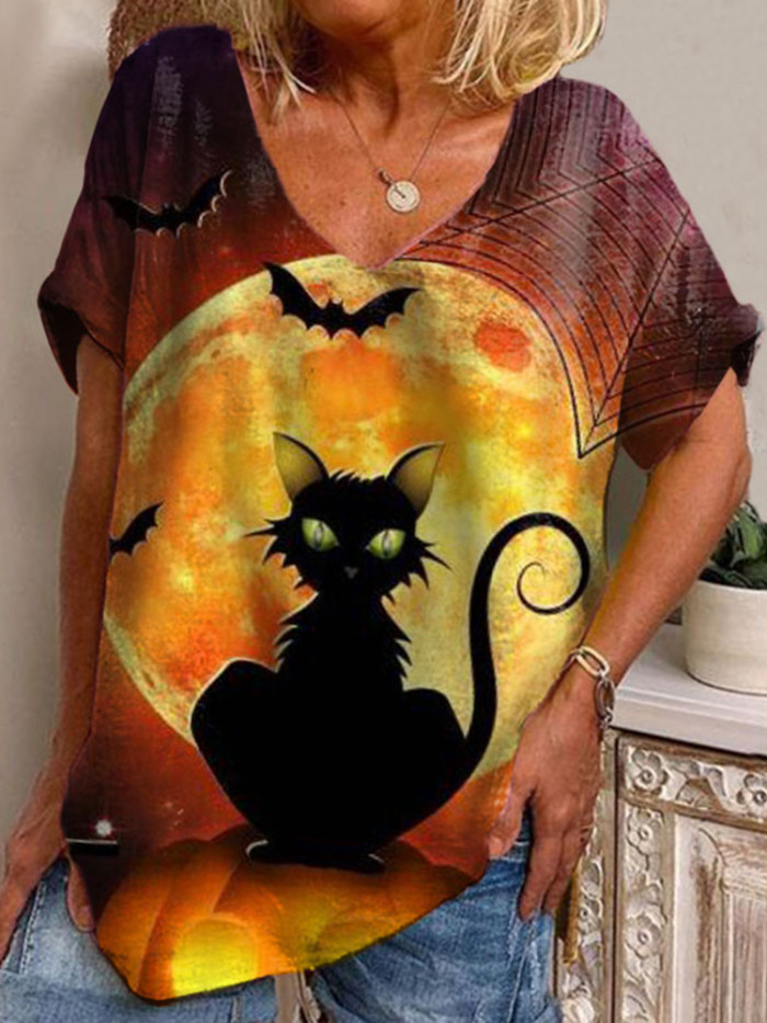 Halloween Cat Print Short Sleeve T-Shirt