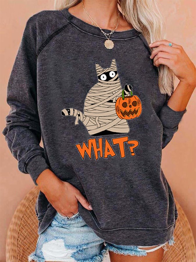 Women's Halloween Bandage Black Cat Pumpkin Print Casual Sweatshirt