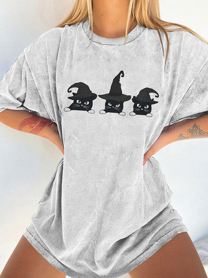 Halloween Wizard Cat Print Short Sleeve T-Shirt
