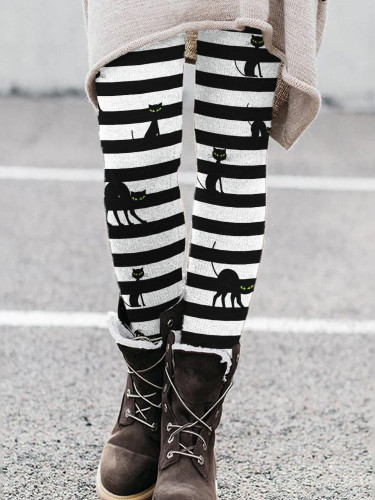 Halloween Black Cats Witch Inspired Striped Leggings