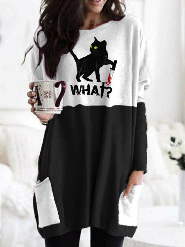 Holding Knife Black Cat What Colorblock Tunic