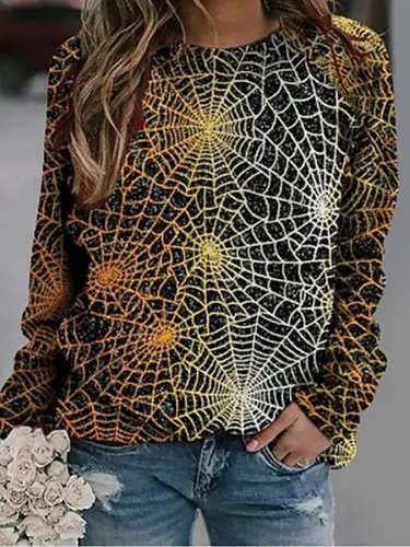 Women's Halloween Spider Web Print Crew Neck Casual Sweatshirt