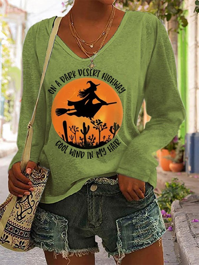 Women's On A Dark Desert Highway Cool wind In My Hair Funny Witch Casual Long-Sleeve T-Shirt