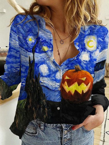 Starry Night Oil Painting Pumpkin Printed Shirt