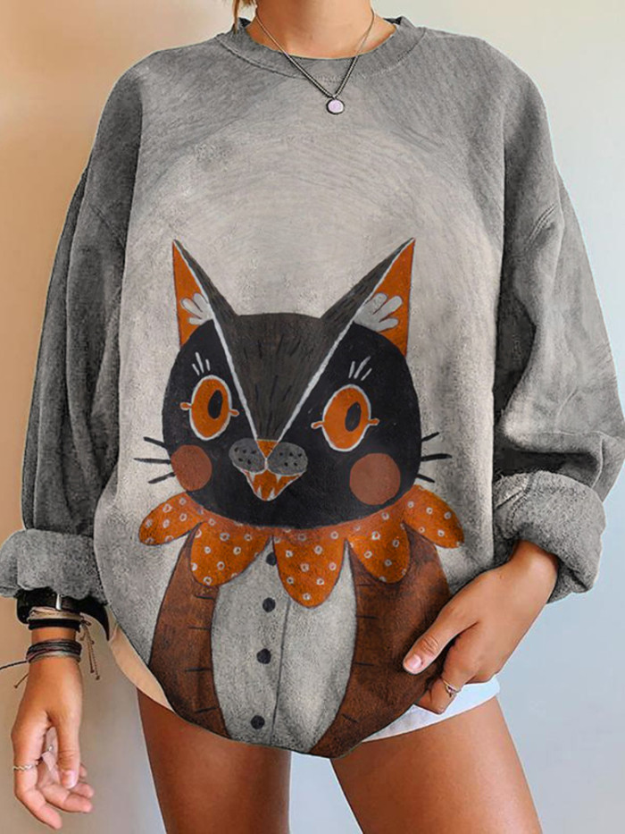 Halloween Cat Print Crew Neck Sweatshirt