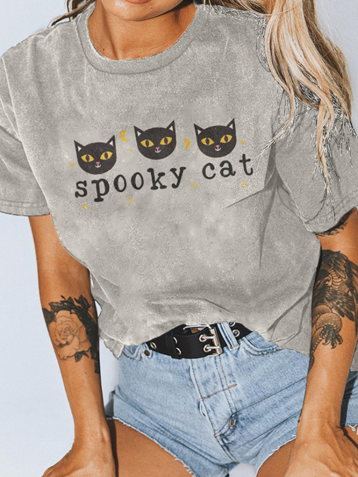 Spooky Cat Print Short Sleeve T-Shirt