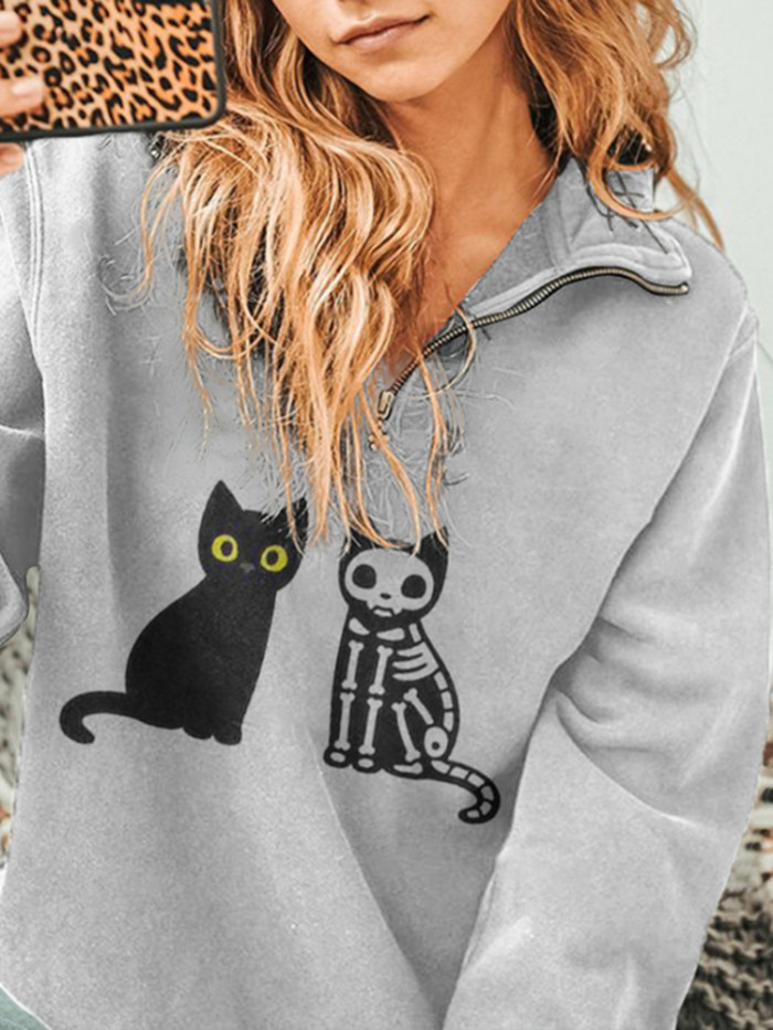 Skull Cat Print Zip Sweatshirt