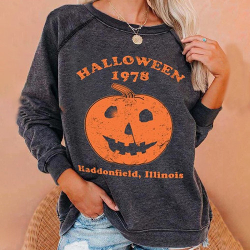 Simple Crew Neck Pumpkin Print Sweatshirt