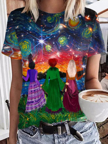 Halloween Sisters Starry Night Oil Painting T Shirt