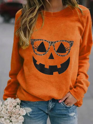 Women's Thanksgiving Halloween Leopard Print Glasses Funny Pumpkin Emoticon Print Sweatshirt