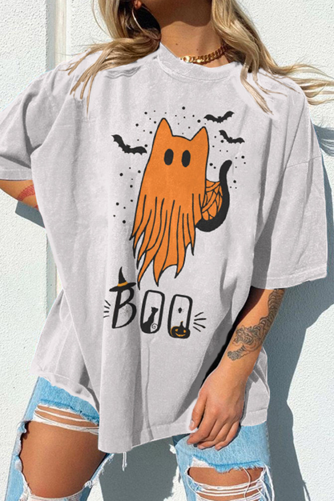 Cat Boo Print Short Sleeve T-Shirt