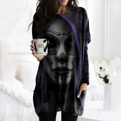 Day Of The Dead Print Pocket Casual Tunic
