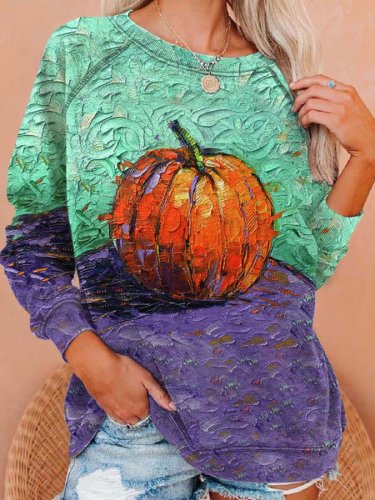 Halloween Oil Painting Pumpkin Print Sweatshirt