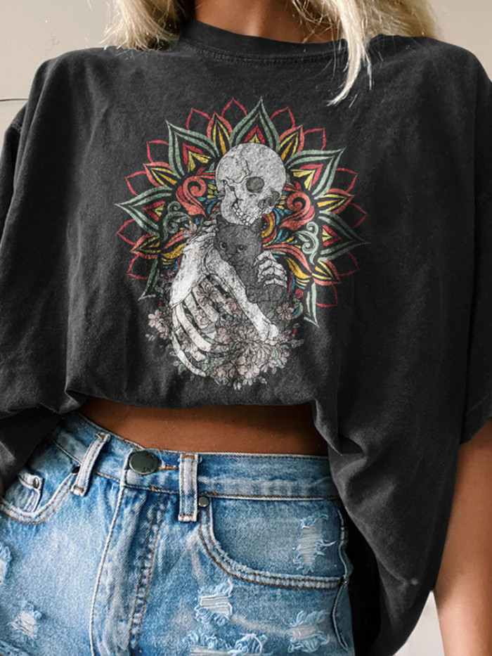 Skull Cat Print Short Sleeve T-Shirt