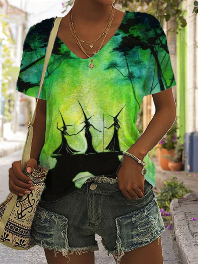 Forest Witches Watercolor V Neck T Shirt