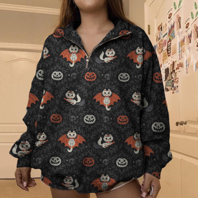 Batcat Halloween Print Zip-Up Sweatshirt