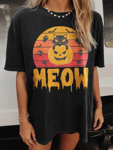 Halloween Meow Print Short Sleeve T-Shirt