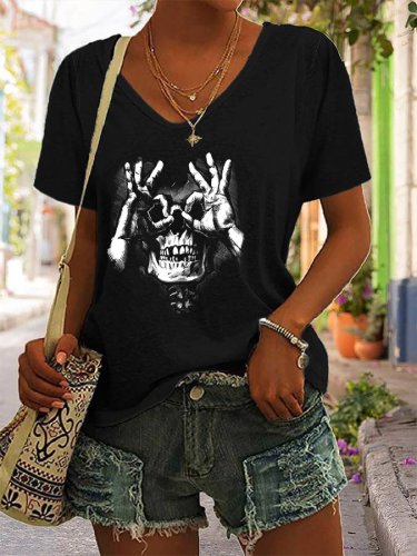 Women's Halloween Funny Skulls V-Neck T-shirt