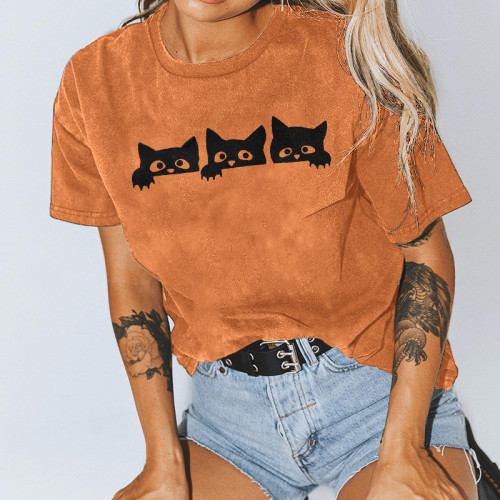 Short Sleeve Halloween Cat Print T-Shirt