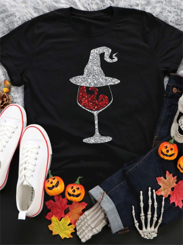 Halloween Glitter Wine Glass With Witch Hat T Shirt