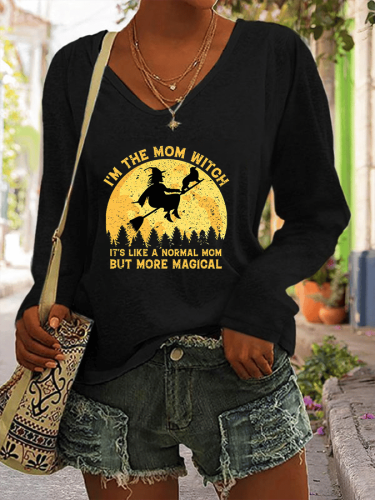 Women's I'M THE MOM WITCH Fun Print Casual V-Neck Long Sleeve T-Shirt