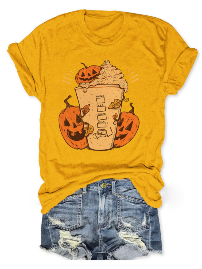 Halloween Pumpkin Coffee Print Crew Neck Short Sleeve T Shirt