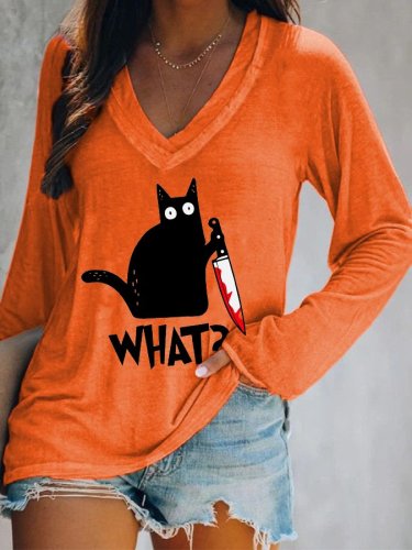 Women's Halloween Fun Black Cat Print Double Layer V-Neck Long Sleeve T-Shirt