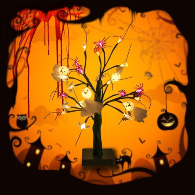 Halloween Pumpkin Spider Birch Tree Lamp