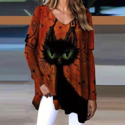 Halloween Cat Print Long Sleeve T-Shirt