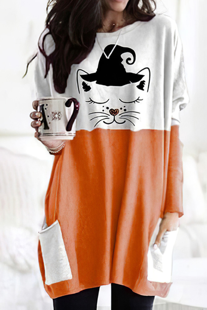 Halloween Colorblock Cat Print Tunic