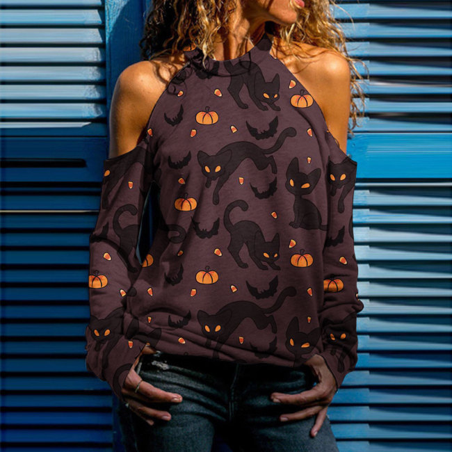 Halloween Cat Print Off-The-Shoulder T-Shirt