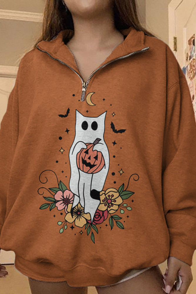 Halloween Floral Cat Print Sweatshirt