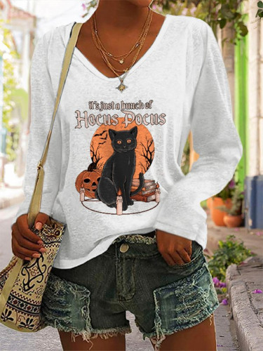 It's Just A Bunch Of Hocus Pocus Long Sleeve Halloween Black Cat Print T Shirt