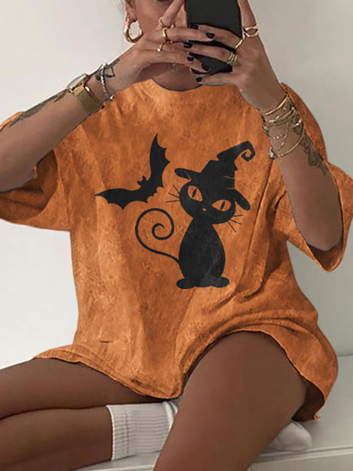 Cat Bat Print Short Sleeve T-Shirt