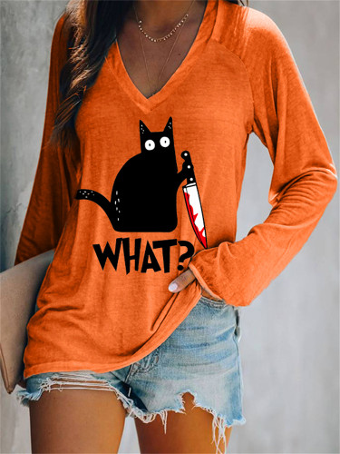 Halloween Black Cat With Bloody Knife T Shirt