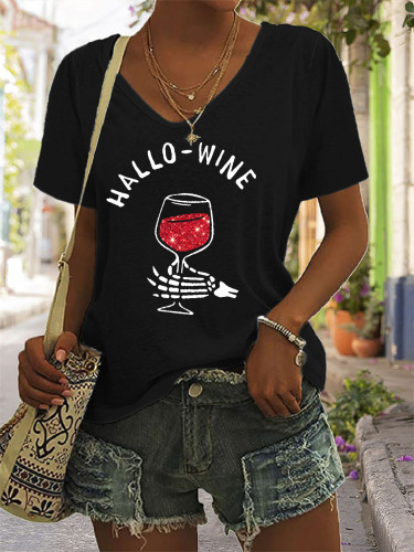 Hallo Wine Glitter Graphic V Neck T Shirt