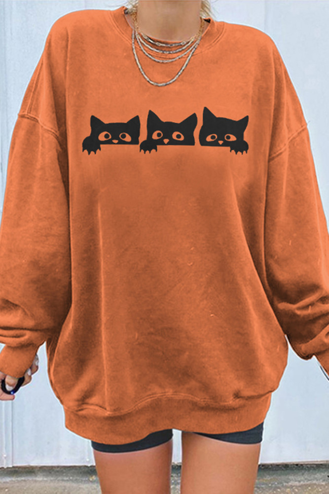 Halloween Cat Print Long Sleeve Sweatshirt