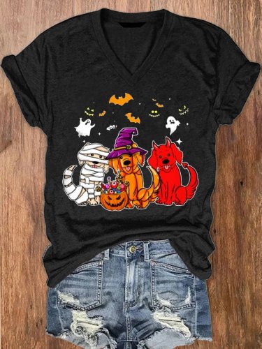 Women's Halloween Dog Print V-Neck T-Shirt