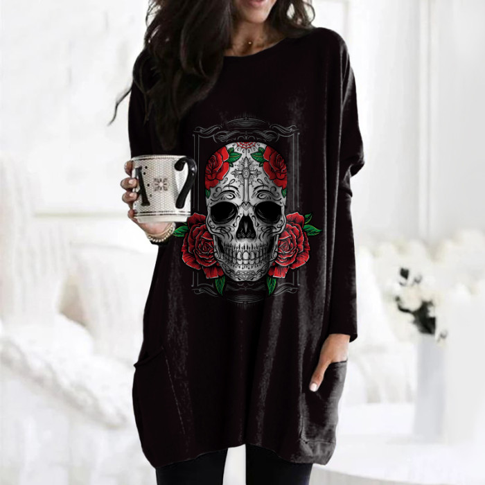 Day Of The Dead Print Crew Neck Pocket Casual Tunic