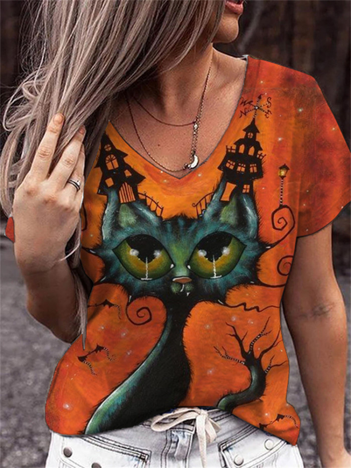 Halloween Spooky Cat Art V Neck T Shirt