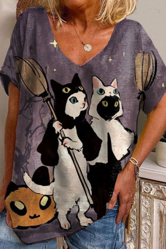 Halloween Cat Print T-Shirt