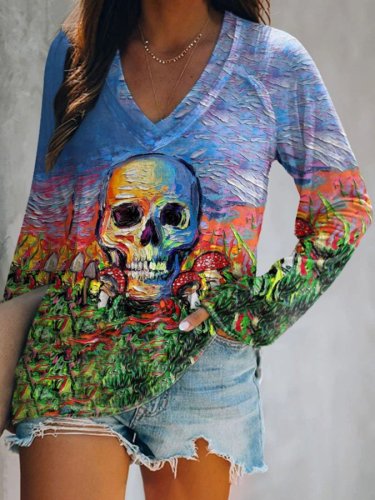 Halloween Skull Oil Painting Print Long Sleeve T-Shirt