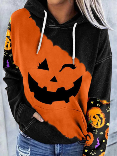 Halloween Colorblock Pumpkin Print Fashion Hoodie