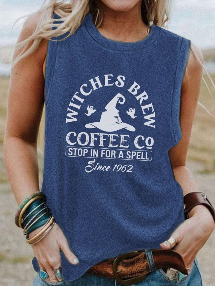Women's Halloween Witches Brew Coffee Co Stop In For A Spell Since 1962 Print Sleeveless T-Shirt